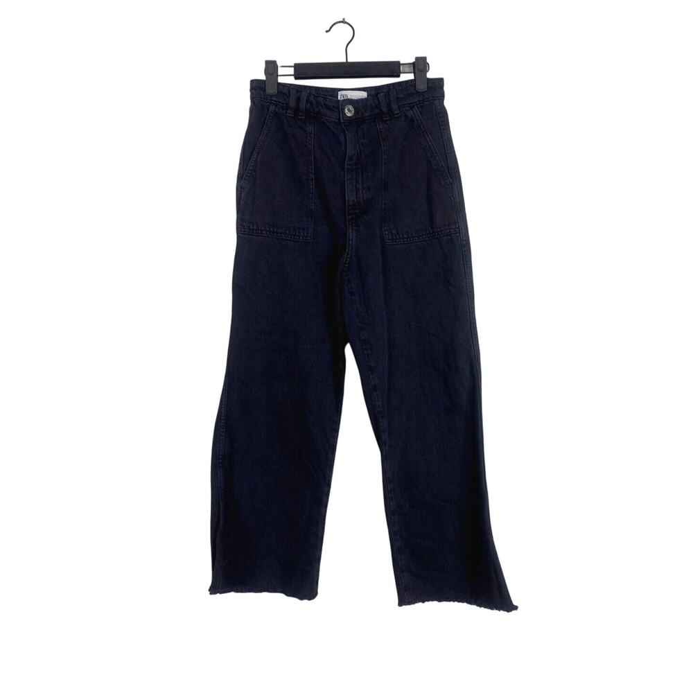 Zara Relaxed Fit Utility Style Wide Leg High Rise Raw Hem Jeans Pockets M Black